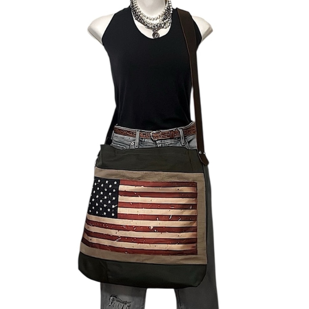 Large Vintage Handcrafted American Flag Book Bag Laptop Market Canvas Tote